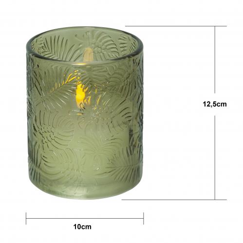 Batteriljus - Blockljus med Glaslykta - Grn - Flamme -  10 x 12,5 cm - Timer - www.frokenfraken.se